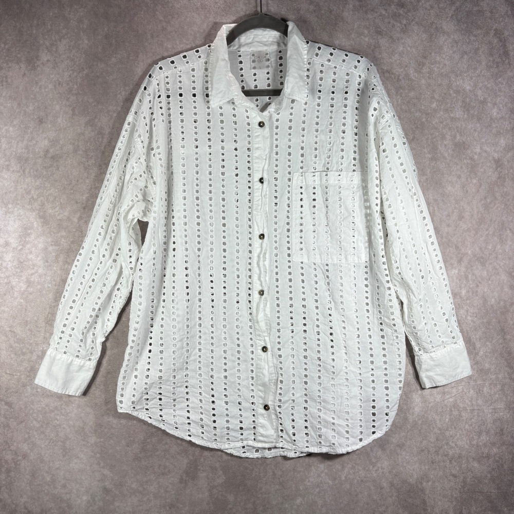 CALIA Eyelet Button Down Shirt Womens Large White Boho Cotton Long Sleeve Beach